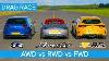 Awd V Rwd V Fwd Drag Race Golf R V Boxster Vs Megane Trophy
