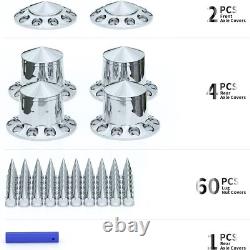 Chrome Hub Cover Kit 33mm Front & Rear Semi Truck Wheel Axle Covers Spiked