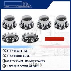 Chrome Hub Cover Kit 33mm Lug Nuts Front & Rear Semi Truck Wheel Axle Covers
