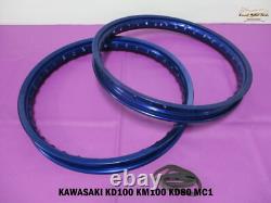 Fit KAWASAKI KD100 KM100 KD80 MC1 ALU BLUE FRONT & REAR WHEEL RIM SET ES957