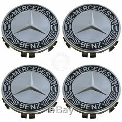 OEM Wheel Center Cap Black Laurel Wreath with Star Set of 4 for Mercedes Benz