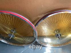 Polished Silver Bicycle Wheelset 26 x 144 GOLD Spoke FREEWHEEL BMX Cruiser Bike