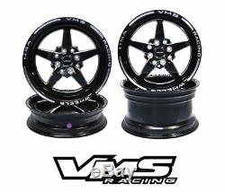 VMS RACING 5 SPOKE STAR BLACK FRONT & REAR DRAG WHEELS SET 4X100/4X114 15x8